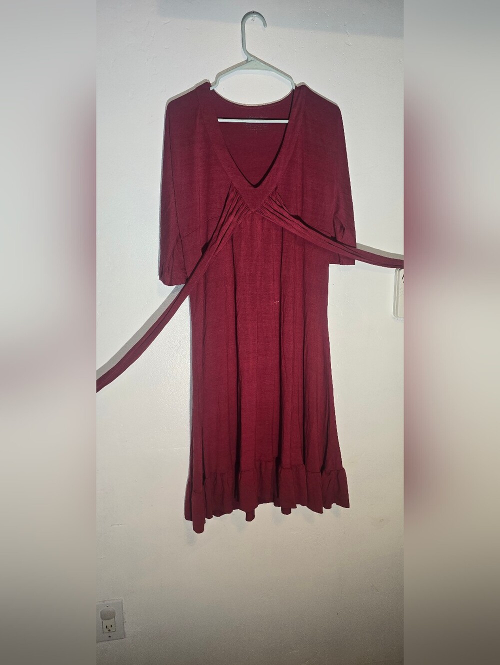 V-Neck Burgundy Midi Dress with Tie Waist